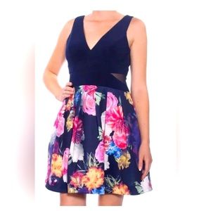 X By Xscape Women's Floral-Print Fit & Flare Dress - Navy/Pink